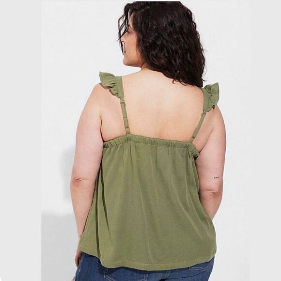 Torrid Olive Green Floral Double Gauze Ruffle Button Front Tank Top Sz 2X - Picture 6 of 10